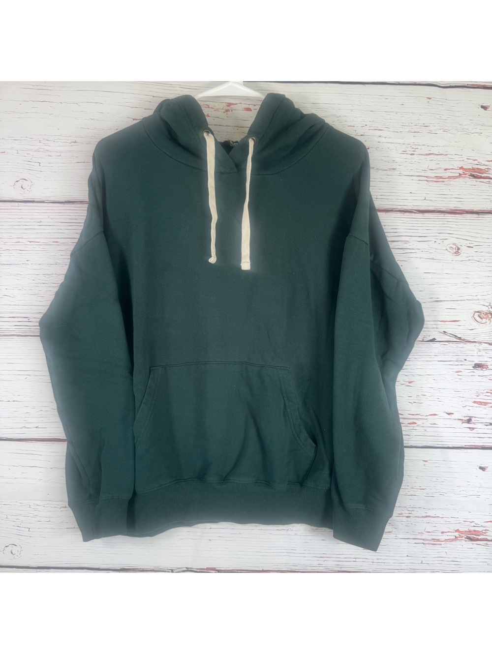 Dark Green Pullover Hoodie with White Drawstrings
